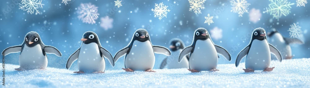 Fototapeta premium Five playful penguins stand on snowy ground, surrounded by a serene blue backdrop and falling snowflakes, creating a whimsical winter scene.