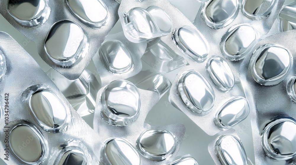 2408 76.A close-up view of multiple silver blister packs filled with round tablets, stacked randomly against a clean white background. The glossy, reflective aluminum foil contrasts with the smooth 2408 76.A close-up view of multiple silver blister packs filled with round tablets, stacked randomly against a clean white background. The glossy, reflective aluminum foil contrasts with the smooth