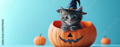 A cute kitten wearing a witch hat peeks out of a carved pumpkin, creating a festive Halloween atmosphere with decorative pumpkins around.