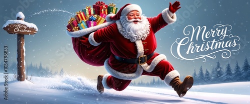 Santa Claus with a huge bag on the run to delivery christmas gifts at snow fall