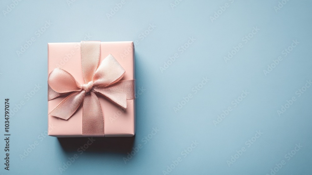 Elegant Pink Gift Box with Ribbon on Blue Background Elegant Pink Gift Box with Ribbon on Blue Background