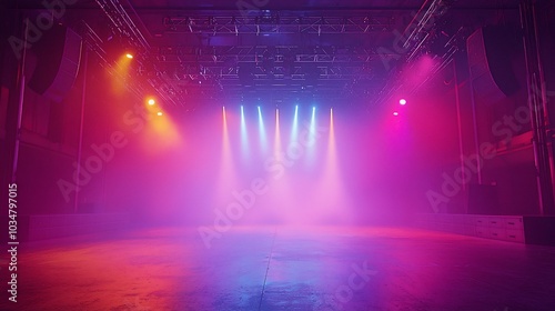 Empty stage with colorful spotlights and smoke.