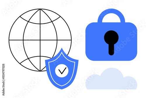 Globe with grid lines, blue padlock, shield with check mark, and cloud. Ideal for internet safety, data protection, global connections, cloud storage, and secure networks. Simple clean style