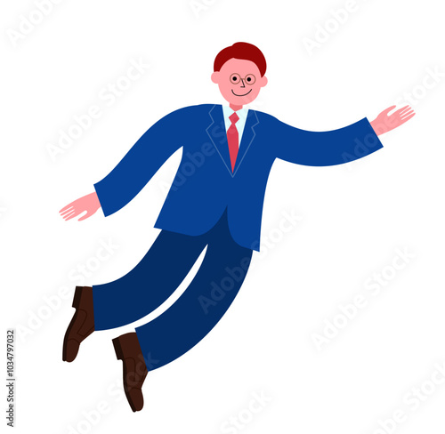 空を飛ぶ（空中を浮遊する）スーツを着たメガネの男性の全身のイラスト
