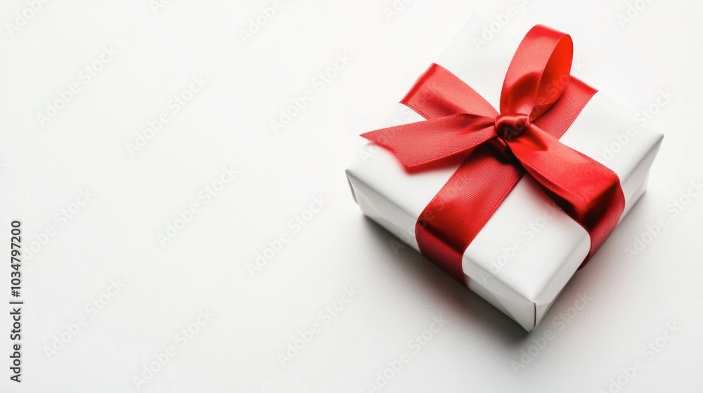 Elegant White Gift Box with Red Ribbon on White Background Elegant White Gift Box with Red Ribbon on White Background