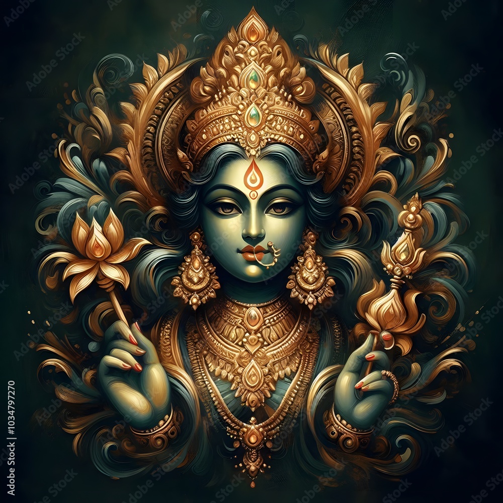 oil paint portrait art of golden maa laxmi on dark green background oil paint portrait art of golden maa laxmi on dark green background