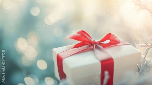 Festive Gift with Red Ribbon on Frosty Background