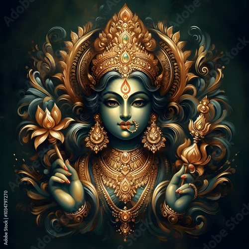 oil paint portrait art of golden maa laxmi on dark green background