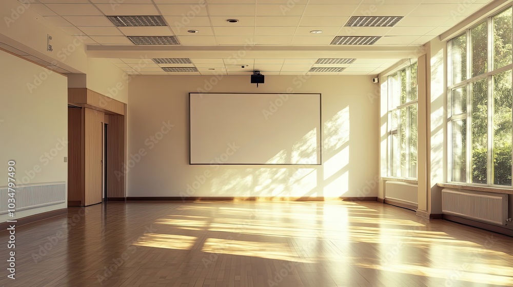 Obraz premium Sunlit Empty Room with Large Window and Projection Screen