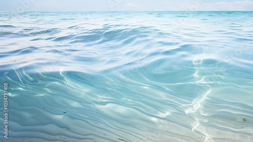 A serene coastal landscape with the ocean's surface calm, while below, the swirling undercurrents are depicted through abstract, flowing patterns