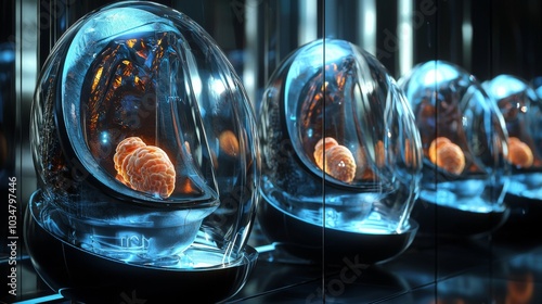 Genetic Modification Pods : Human embryos being genetically enhanced in sleek, high-tech pods photo