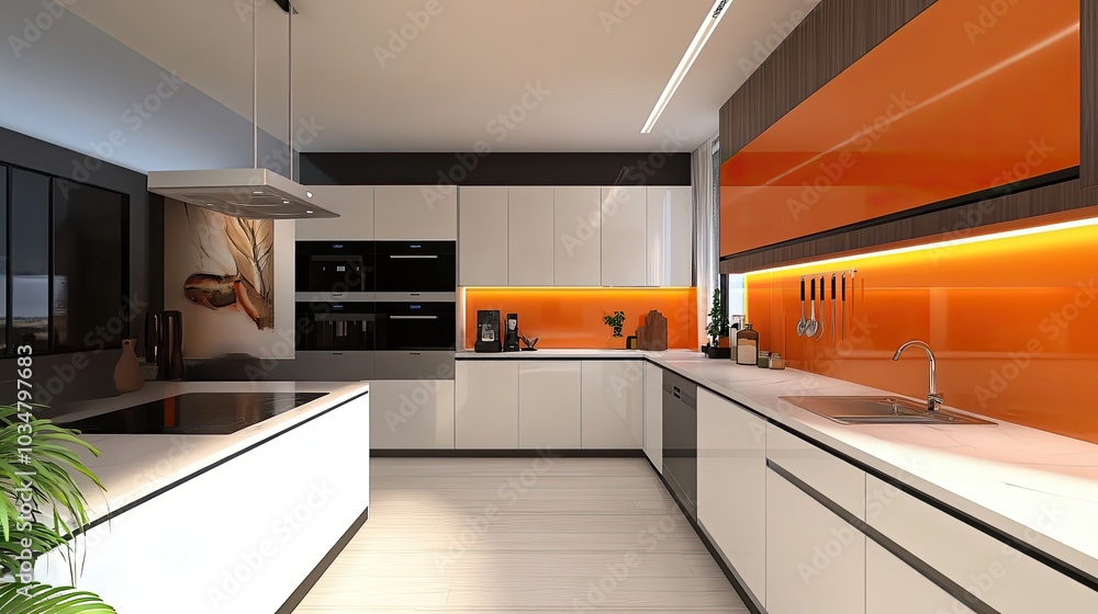 Modern Kitchen Interior with White Cabinets and Orange Backsplash Modern Kitchen Interior with White Cabinets and Orange Backsplash