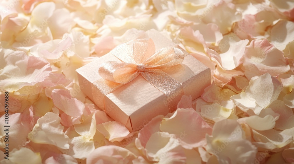 Delicate Gift Box on Soft Petal Background Delicate Gift Box on Soft Petal Background