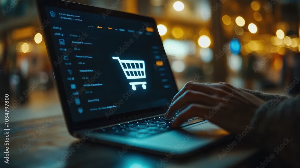 Online Shopping at Home - Person Typing on Laptop Keyboard with Shopping Cart Icon. Minimalist Home Office Setup. Online Shopping at Home - Person Typing on Laptop Keyboard with Shopping Cart Icon. Minimalist Home Office Setup.