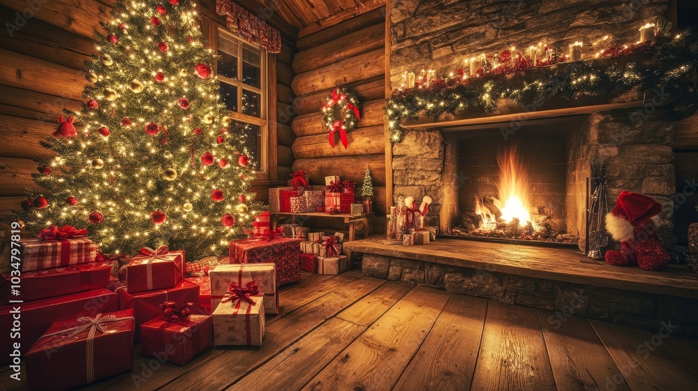 Christmas gifts stacked by a warm fireplace, with a twinkling tree adding festive charm to the cozy room. Christmas gifts stacked by a warm fireplace, with a twinkling tree adding festive charm to the cozy room.