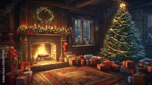 Christmas gifts stacked by a warm fireplace, with a twinkling tree adding festive charm to the cozy room.