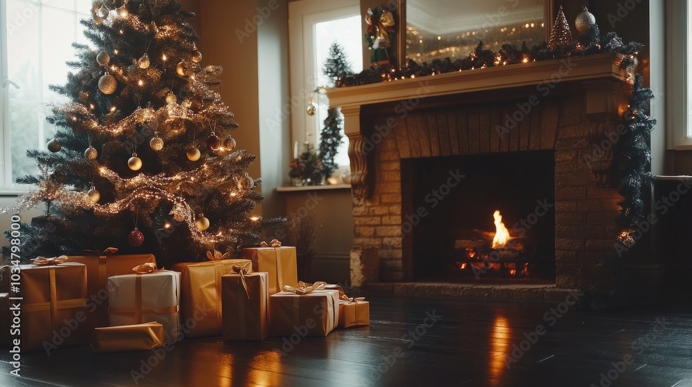 Christmas presents arranged by a fireplace and a festive tree, ready for a joyful celebration. Christmas presents arranged by a fireplace and a festive tree, ready for a joyful celebration.