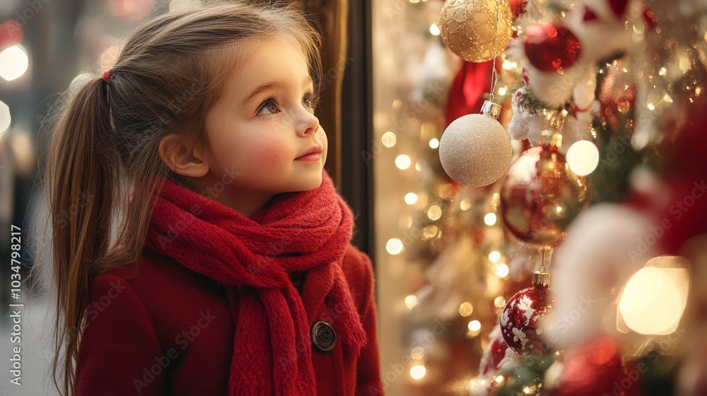 A young girl in a red coat and scarf gazes in wonder at a brightly lit Christmas tree adorned with ornaments, capturing the magic of the holiday season in an enchanting atmosphere. A young girl in a red coat and scarf gazes in wonder at a brightly lit Christmas tree adorned with ornaments, capturing the magic of the holiday season in an enchanting atmosphere.