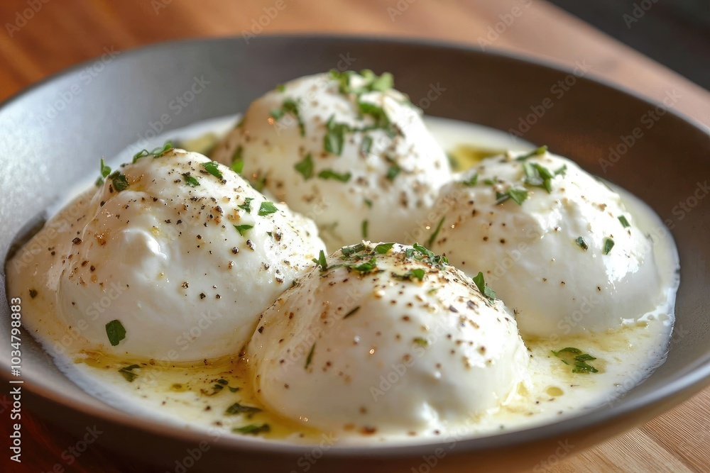 Creamy White Balls Topped with Herbs and Pepper in a Bowl Creamy White Balls Topped with Herbs and Pepper in a Bowl
