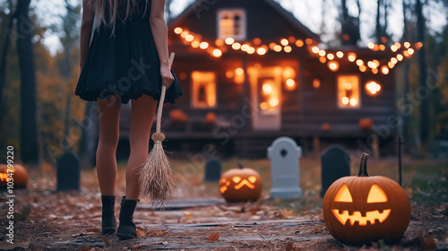 A stunning female witch poses in a Halloween Haunted houses