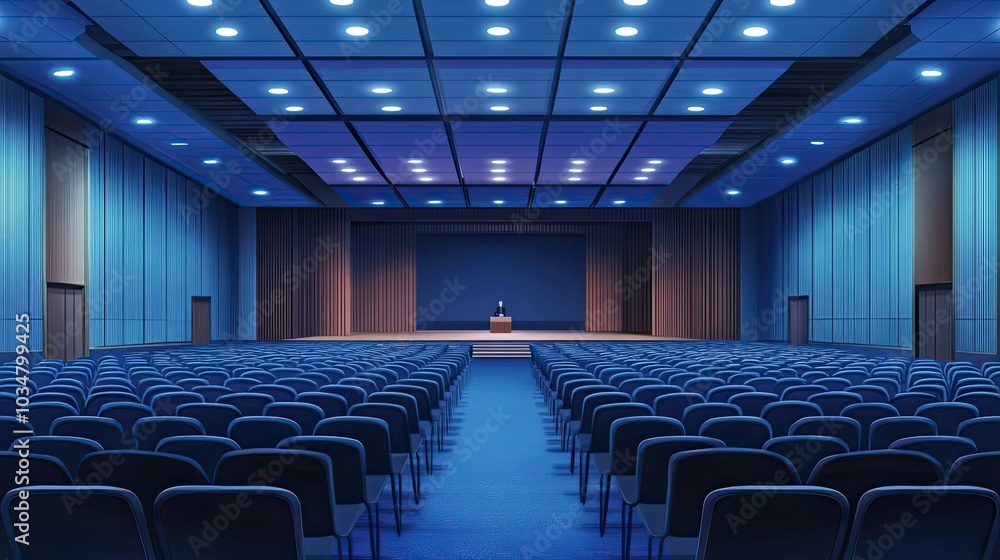 Naklejka premium An empty auditorium with rows of blue chairs facing a stage with a single microphone