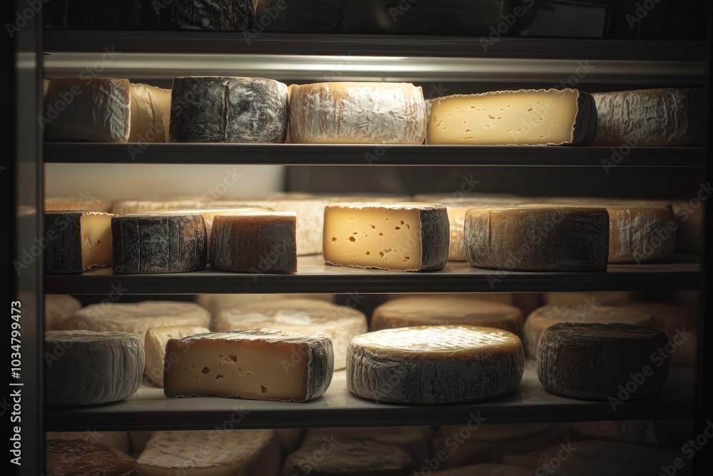 Assortment of Round and Wedge Cheeses Displayed in a Glass-Door Refrigerator Assortment of Round and Wedge Cheeses Displayed in a Glass-Door Refrigerator