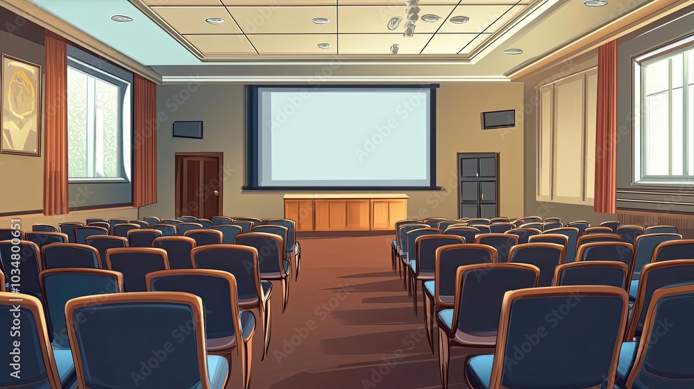 Empty Auditorium with Projection Screen and Rows of Chairs Empty Auditorium with Projection Screen and Rows of Chairs