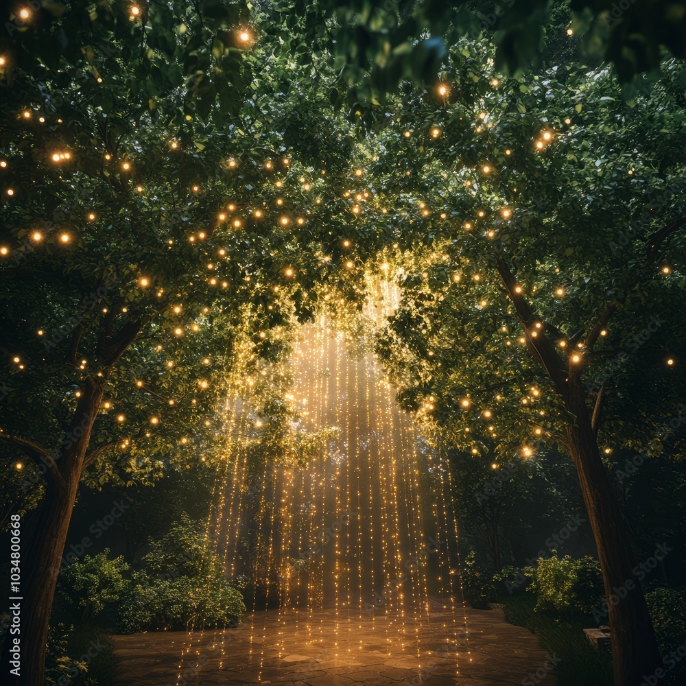 Enchanted forest with sparkling lights cascading through trees. Enchanted forest with sparkling lights cascading through trees.