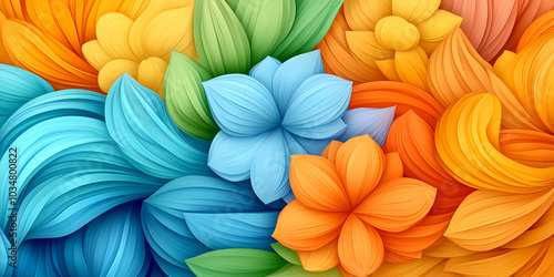 Wallpaper Mural A colorful flower arrangement with blue, green, and orange flowers. The flowers are arranged in a way that creates a sense of movement and flow. The colors of the flowers are vibrant and eye-catching Torontodigital.ca