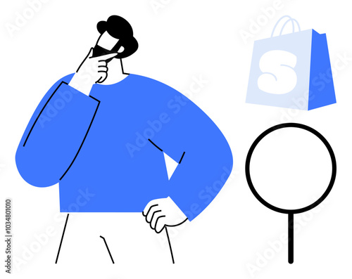 Man thinking while holding chin. Blue shopping bag with white S and magnifying glass. Ideal for e-commerce, online shopping, product search, retail marketing, consumer decision-making