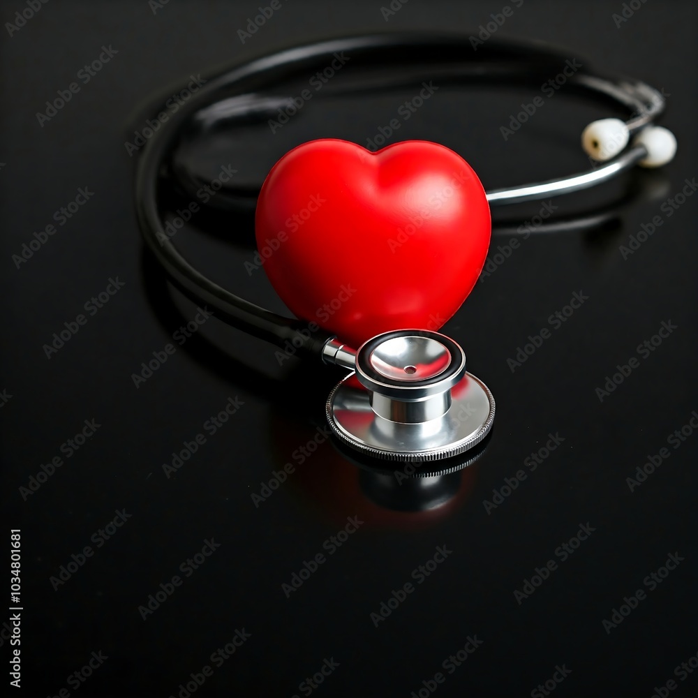 Stethoscope around the red heart on dark background, healthcare and medical Stethoscope around the red heart on dark background, healthcare and medical