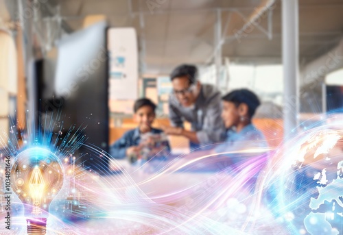 A glowing lightbulb with digital lines and a blurred background of students in a classroom, symbolizing education and innovation. photo