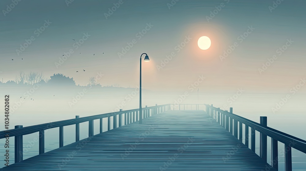 Fototapeta premium A Long Wooden Pier Extending into Foggy Water with a Distant Sun