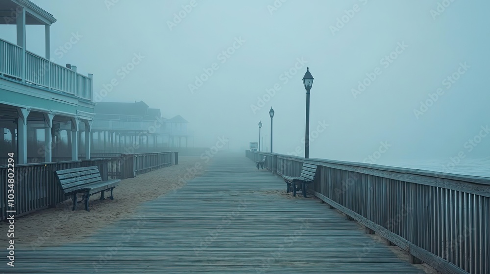 Naklejka premium Foggy Morning on a Beachside Boardwalk with Benches and Streetlights