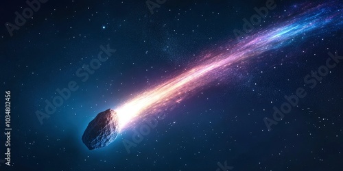 A comet with an asteroid, a burning tail of plasma and stardust as it falls towards Earth in space. photo