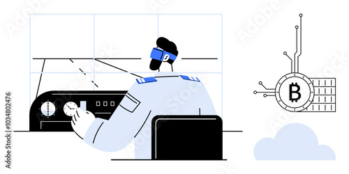 Pilot in a cockpit utilizing advanced technology with a Bitcoin symbol connected to a circuit. Ideal for aviation, technology, cryptocurrency, futuristic themes, innovation. Minimalist vector style