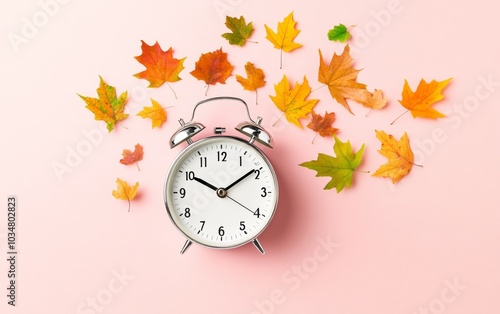 Minimalist Autumn Wake-Up Concept with Alarm Clock and Falling Leaves in Modern Monochrome Style