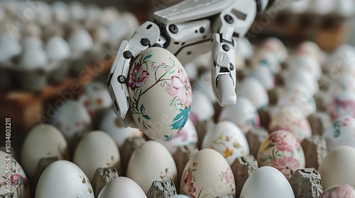 A beautifully designed automated hand delicately embellishes egg cartons for easter photo