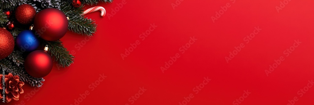 Festive Ornaments on Red Background for Holidays Festive Ornaments on Red Background for Holidays