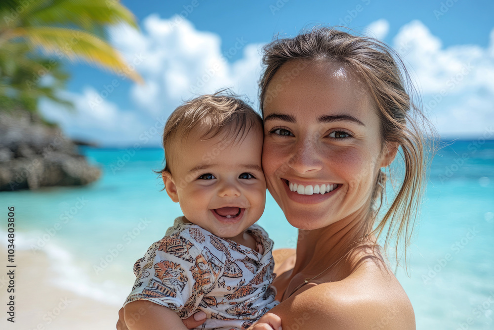 Mother holding child on beach vacation Mother holding child on beach vacation