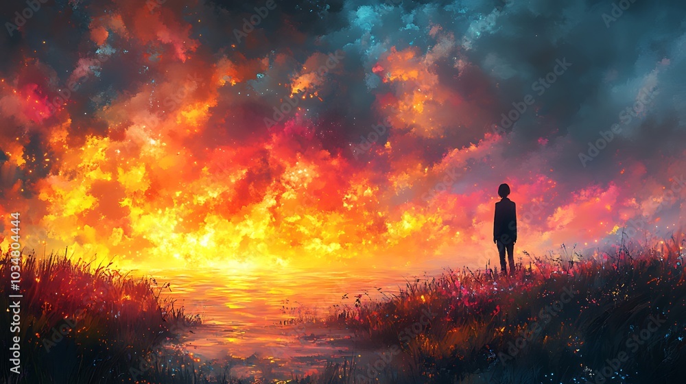 A lone figure stands in a field at sunset, looking up at a fiery sky. A lone figure stands in a field at sunset, looking up at a fiery sky.