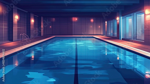 An indoor swimming pool illuminated by warm lights