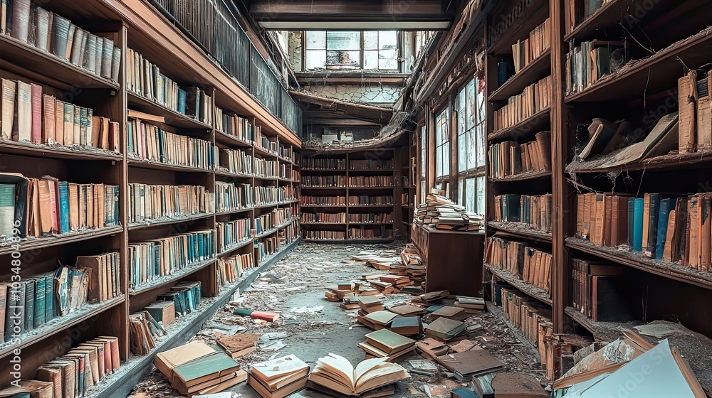 Fototapeta premium Abandoned Library with Books Scattered on the Floor