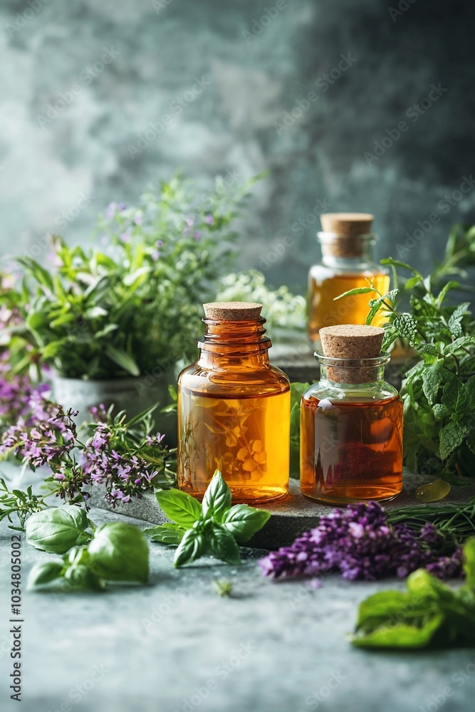 Three bottles of herbal essential oil with fresh herbs around on a grey background. Three bottles of herbal essential oil with fresh herbs around on a grey background.