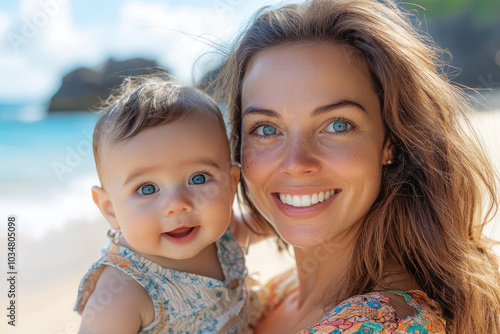 Mother holding child on beach vacation