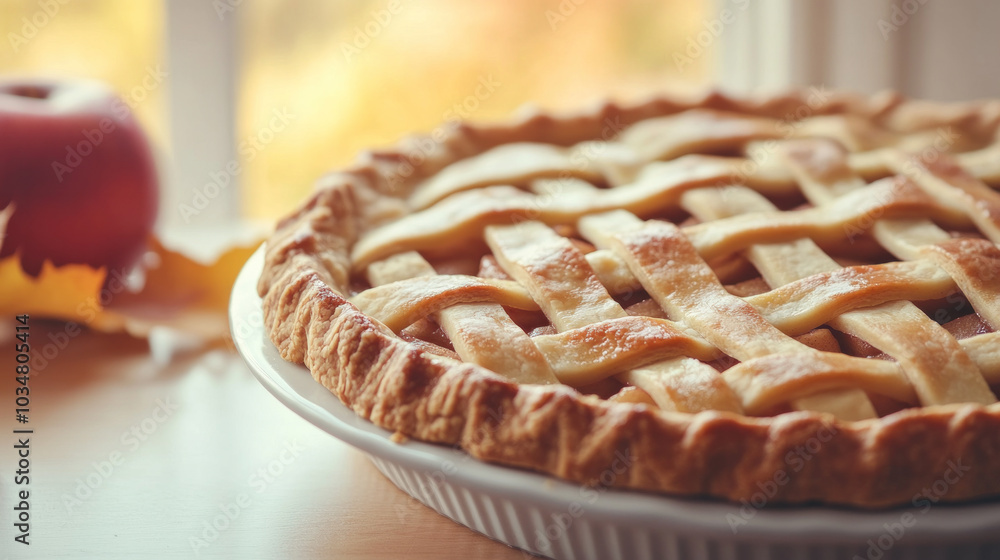 A pie with lattice crust and a slice of apple pie on top. The pie is sitting on a table A pie with lattice crust and a slice of apple pie on top. The pie is sitting on a table