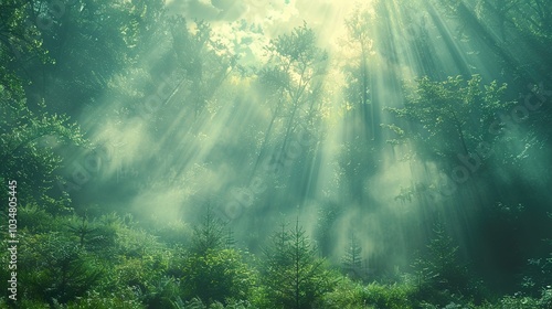 Sunbeams Through a Misty Forest - Serene Nature Photography