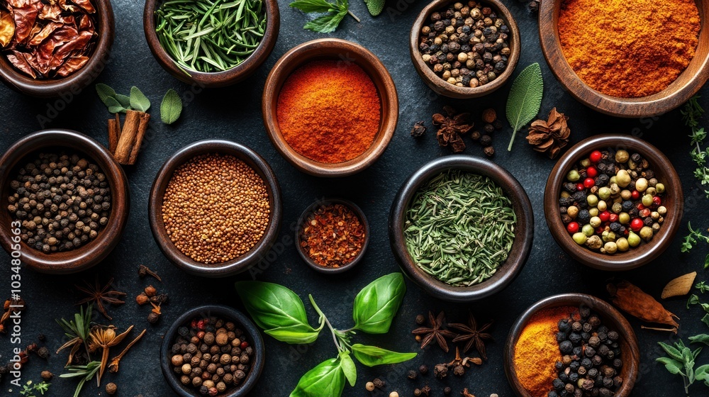 Aromatic Spices and Herbs on Dark Background