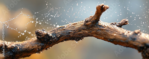 A branch with a spider web on it. The spider web is made of water droplets. The branch is brown and has a rough texture