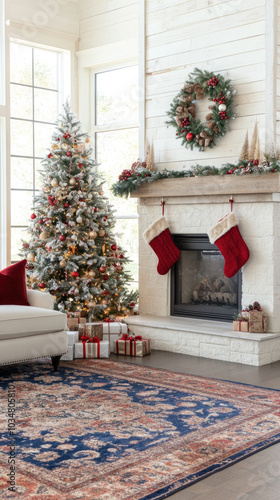 A living room with a Christmas tree, fireplace, and a red stocking. The room is decorated with a wreath and presents